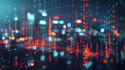 Abstract glowing big data forex candlestick chart on blurry city backdrop. Trade, technology,
