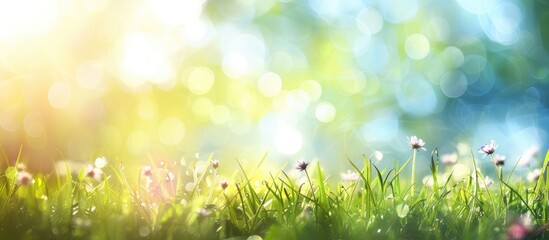Obraz premium Abstract background in spring with bokeh and sunlight filtering through. Green grass and clear blue skies.