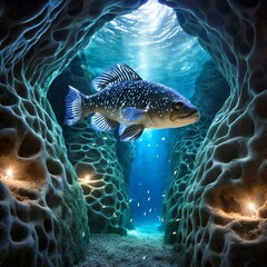 a sense of wonder and mystery as a colossal fish drifts through a labyrinth of underwater caves,...