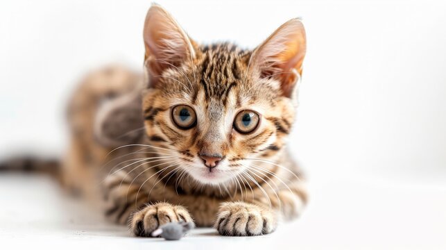 Bengal cat with a toy mouse in its paws on a white background.