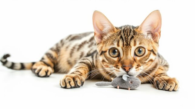 Bengal cat with a toy mouse in its paws on a white background.