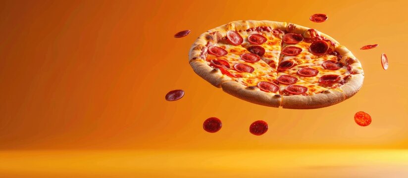 Innovative presentation of a mouth-watering pizza floating against a vibrant orange summer backdrop. Pizza pepperoni-themed flyer or poster designed for advertising promotions and discounts, - Powered by Adobe