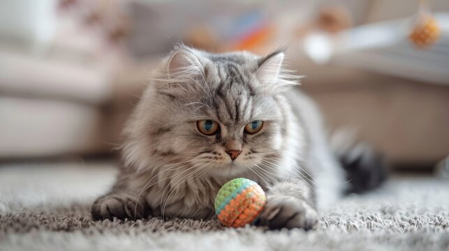 Cute crossbreed Persian cat playing with a ball. A mixed breed cat is a cross between cats of two different breeds or a purebred cat and a domestic cat.