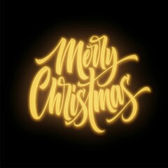 Fototapeta na wymiar Merry Christmas Neon Lettering Xmas Greeting Sign Merry Christmas Golden Neon Light Isolated Black B