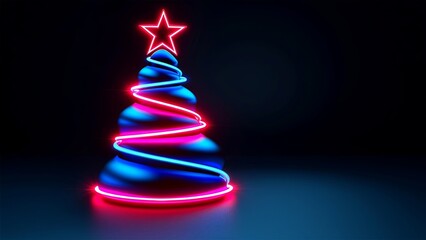 Christmas tree. Neon. Minimalistic background. Minimalistic style. Generative AI.