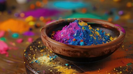 Obraz na płótnie Canvas colorful holi powder in bowl on wooden table closeup on the table happy holi festival of colors art