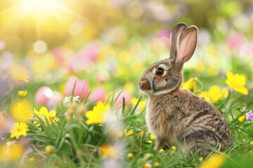 A rabbit is sitting in a field of flowers