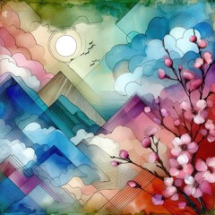 Spring watercolor landscape background with Generative AI.