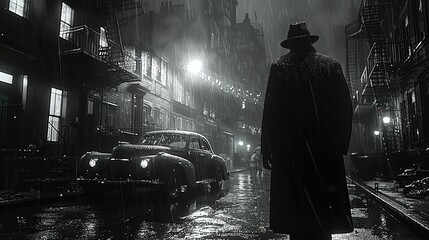 A black and white film noir image of a man in a hat and coat walking down a dark, rainy street.