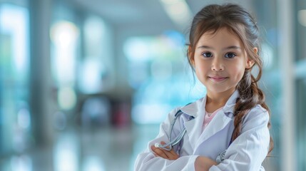 Kid's career and health care, medical insurance concept with girl child in white doctor or nurse lab gown with blurry background medical clinic healthcare service center or hospital