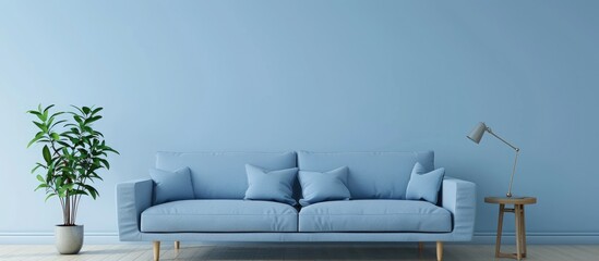 Living room with a simple decorative style featuring a blue sofa and light blue walls.