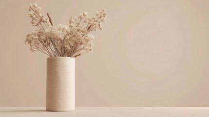 Minimalistic composition of dried flowers in cylindrical ceramic vase as home decoration.
