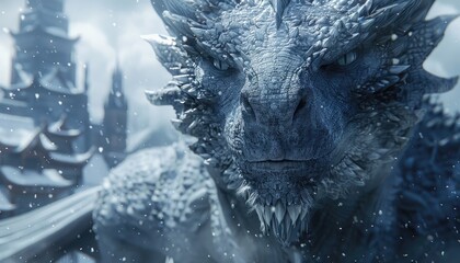 A detailed portrait of a white dragon with blue eyes in front of a snowy castle - obrazy, fototapety, plakaty