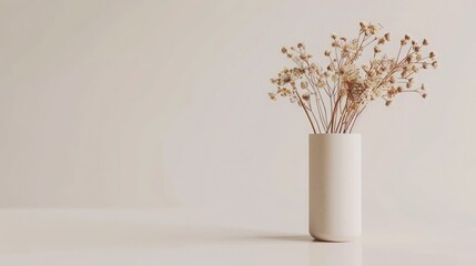 Minimalistic composition of dried flowers in cylindrical ceramic vase as home decoration.