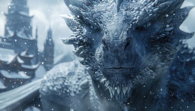 A detailed portrait of a white dragon with blue eyes in front of a snowy castle