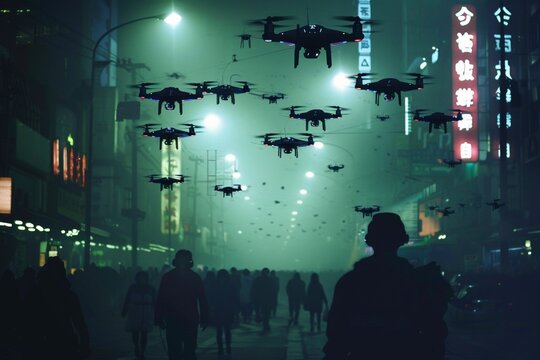 Surveillance drones patrol the streets.