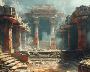 An ancient temple hidden in the jungle, overgrown with vines and moss, with a large door at the top of the stairs