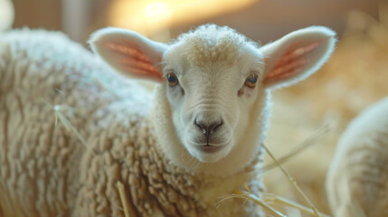 A baby sheep is looking at the camera