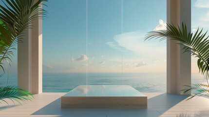 product background with palm trees and sea and sky/relaxing display stage set