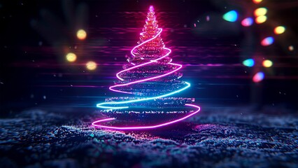 Neon. Christmas tree. Minimalistic background. Generative AI. - obrazy, fototapety, plakaty