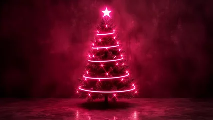 Foto op Plexiglas Neon. Christmas tree. Minimalistic background. Generative AI. © Aleks Mainer