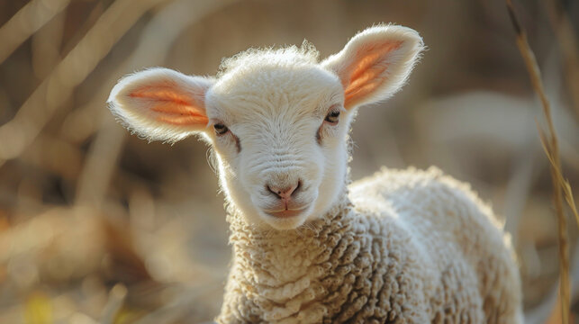 A baby sheep with big ears and a small nose