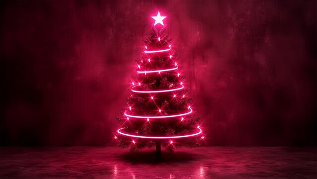 Neon. Christmas tree. Minimalistic background. Generative AI.
