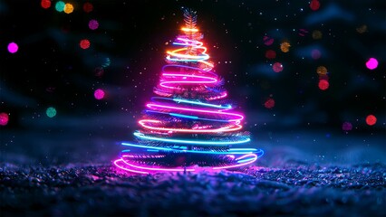 Neon. Christmas tree. Minimalistic background. Generative AI.