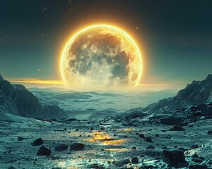 The moon is setting over a frozen landscape. The moon is large and yellow, and the sky is dark and starry. The landscape is covered in snow and ice, and there are mountains in the distance. - obrazy, fototapety, plakaty