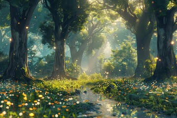 A magical forest glade with towering trees, sparkling streams, and mystical creatures hidden among the foliage