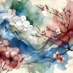 Spring watercolor landscape background with Generative AI.