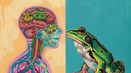 Human and frog detailed ear and mouth  organs anatomy, i, frogs can only detect high-pitched sounds with their ears; they detect low-pitched sounds through their skin,  funny cartoon characters Graffi - obrazy, fototapety, plakaty