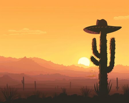 A cartoon cactus wearing a sombrero stands in the desert at sunset.