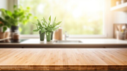 Fototapeta na wymiar Empty Beautiful wood table top and blur bokeh modern kitchen interior background in clean and bright, Ready for product montage 