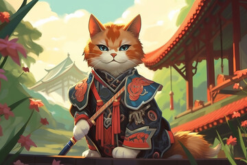 A cat is sitting on a bridge with a sword in its paw