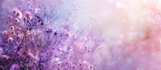 Fototapeta premium Abstract floral background featuring purple flowers on pastel hues with a soft aesthetic suitable for spring or summer. Banner backdrop with space for text.