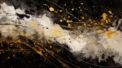 abstract grunge pattern on black with yellow dots, in the style of bold brushstrokes, dark white and gold, free-flowing lines