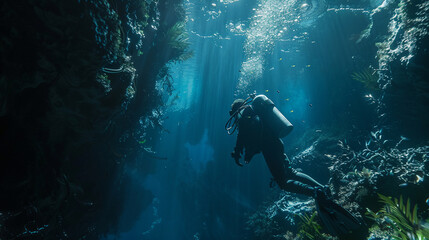 Naklejka na ściany i meble Underwater cave exploration, soft light, side angle, eco-conscious diver, photorealistic