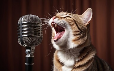 cat sings karaoke into vintage microphone screaming into microphone