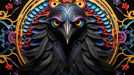A colorful bird with a black beak and yellow eyes - obrazy, fototapety, plakaty