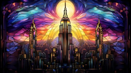 Black colors, art deco wallpaper with stained glass details, empire state building, geometric pattern, half drop, intricate details