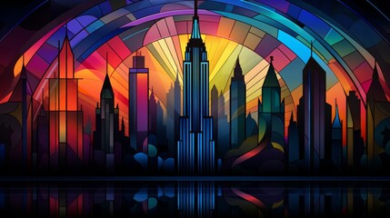 Black colors, art deco wallpaper with stained glass details, empire state building, geometric pattern, half drop, intricate details