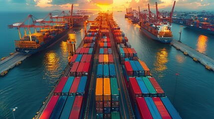 Global business logistics import export and Container handler in the loading and unloading with truck at container yard, cargo airplane, transportation Industry concept, Depth blur effect