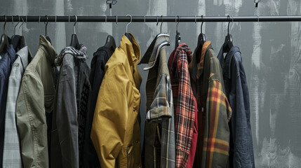 A closeup of a rack with men's hanging clothes against a grey background, showcasing spring styled outfits on hangers, AI generative.