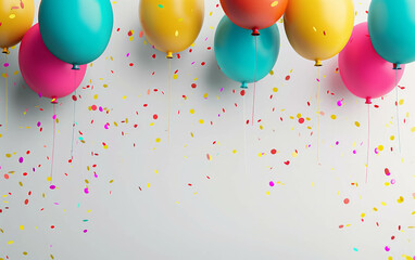 Experience the spatial arrangement of vibrant balloons and confetti in this festive top-down photograph, AI generative.