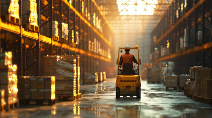 Capture the triumphs of fatigue management with a determined forklift operator in a bustling warehouse, AI generative. - obrazy, fototapety, plakaty