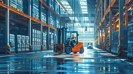 Discover the importance of alertness in forklift operation with this engaging midjourney scene, AI generative. - obrazy, fototapety, plakaty