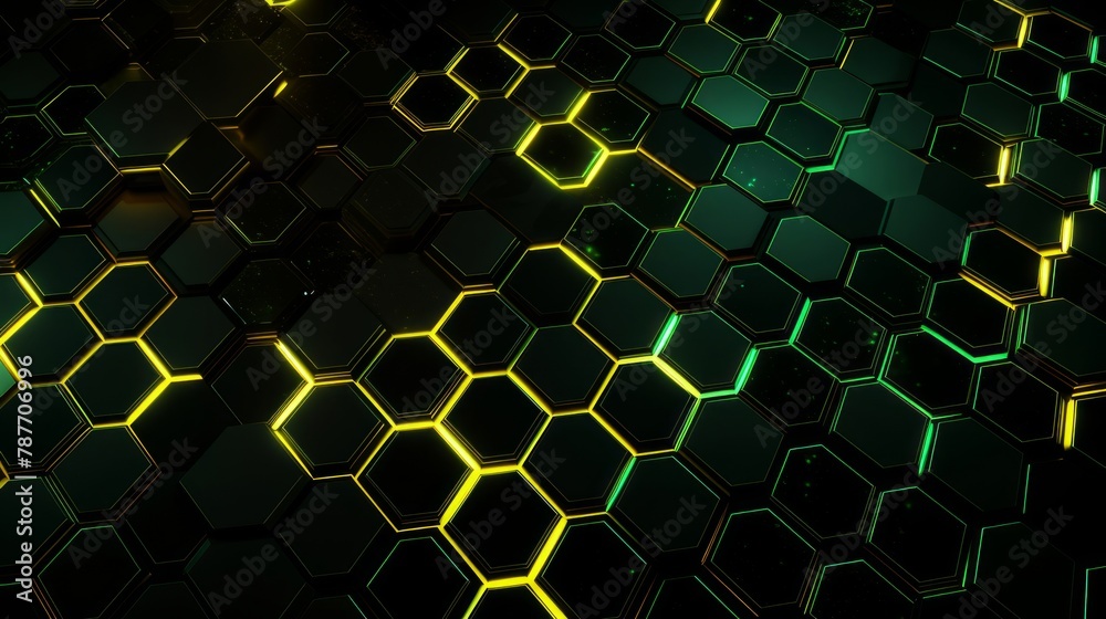 Poster dark hexagon design with green hexagons, in the style of neon-infused digitalism, rough edges, dark 