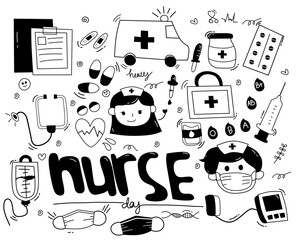 Hand drawn set of Medical doodle objects, elements and items. International nurse day. Isolated vector symbols on white background.