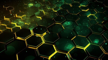 dark hexagon design with green hexagons, in the style of neon-infused digitalism, rough edges, dark yellow and dark green